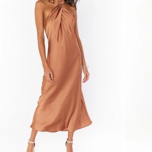Show Me Your Mumu Jasmine Halter Midi Dress Copper Luxe 
Satin L
